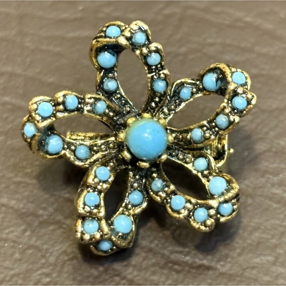 Vintage ARTHUR PFPPER Signed ART Faux Turquoise Gold Tone Floral Brooch Pin